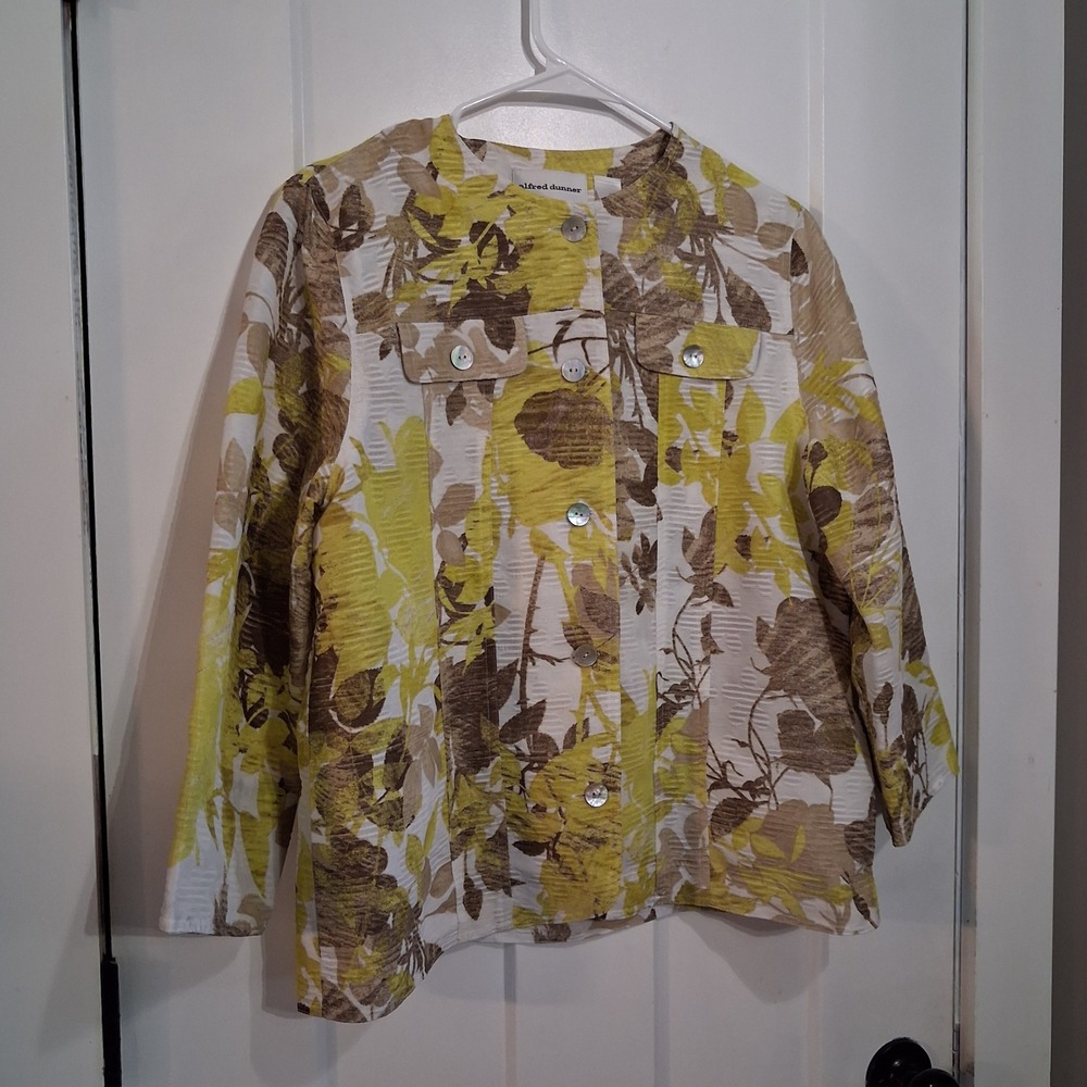 Alfred Dunner Jacket Womens 10 Yellow Floral Button Up Seersucker Casual Chic
